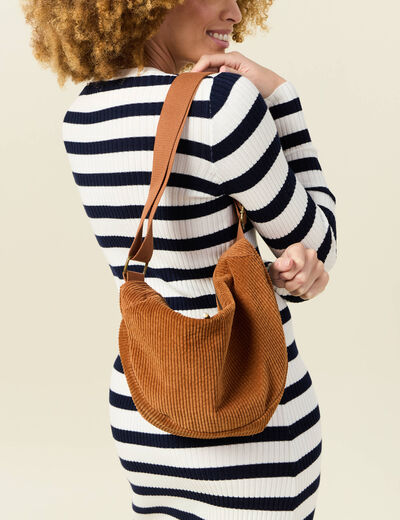 Sac demi-lune velours côtelé marron femme