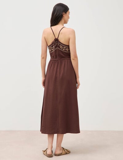 Robe bretelle col carr&eacute; en coton marron fonc&eacute; femme
