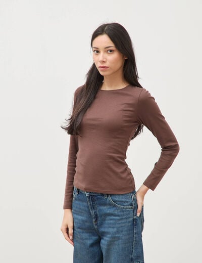 T-shirt cintr&eacute; manches longues col rond marron femme