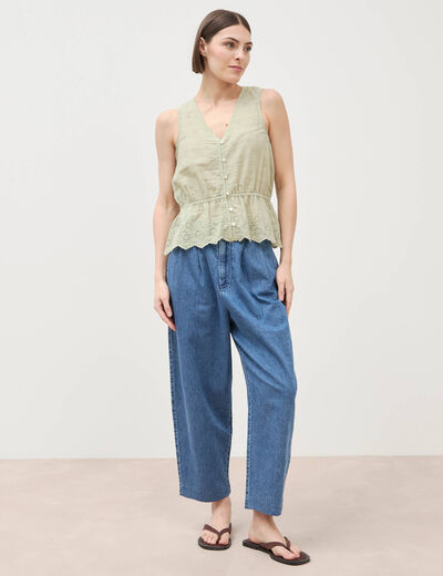 Top col v sans manches en coton vert kaki femme