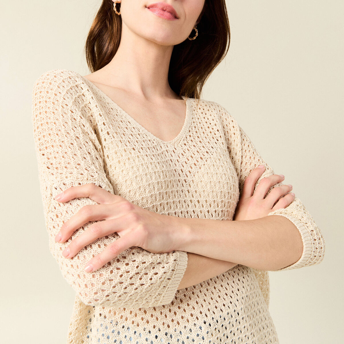 Pull col en V éco-responsable creme femme