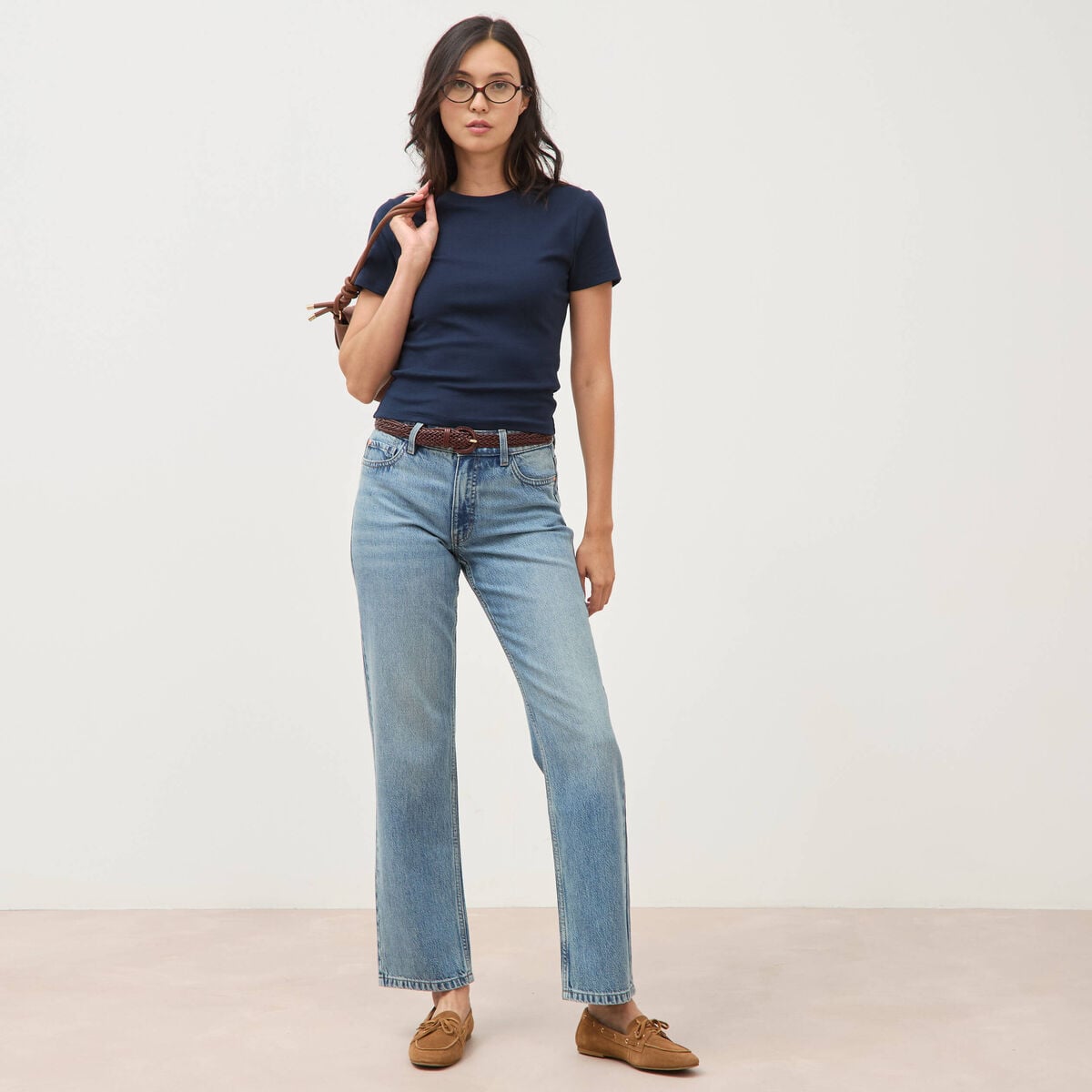 T-shirt ajust&eacute; col rond manches courtes bleu marine femme