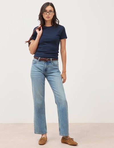 T-shirt ajust&eacute; col rond manches courtes bleu marine femme