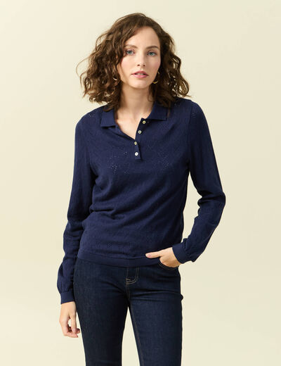 Pull ajour&eacute; manches longues en coton bleu marine femme