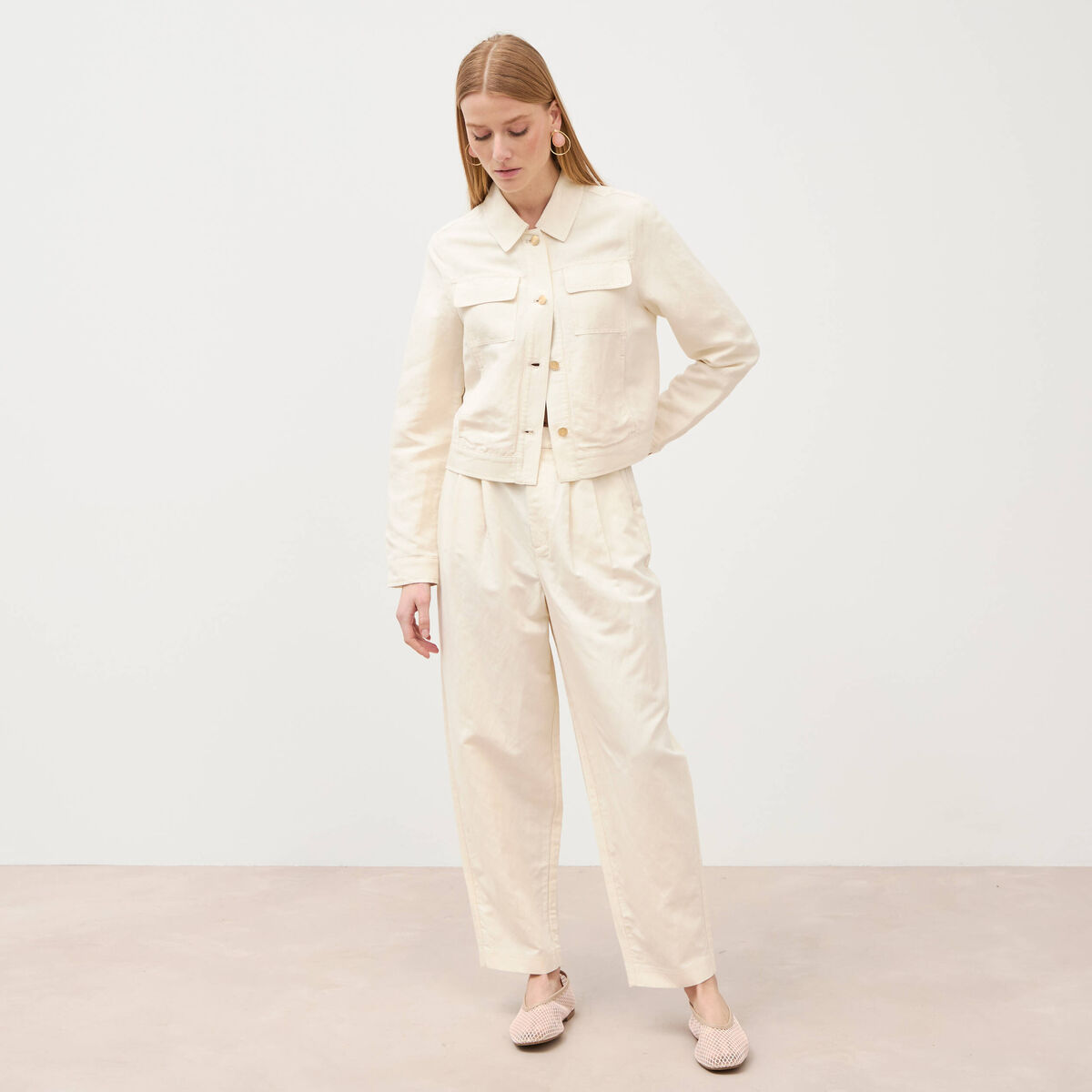 Pantalon barrel coupe loose taille haute ecru femme
