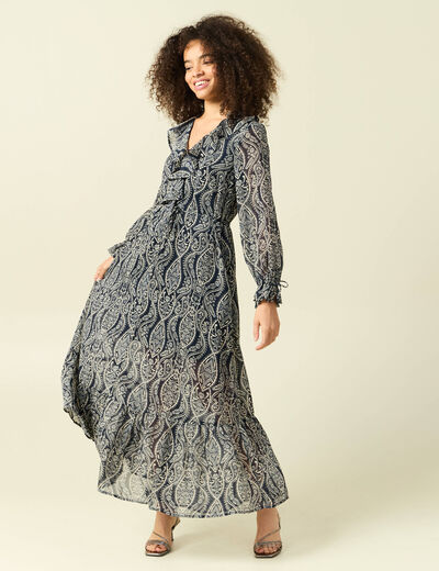 Robe longue &eacute;vas&eacute;e col v manches longues bleu marine femme