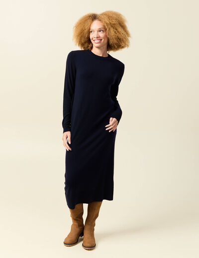 Robe manches longues bleu fonc&eacute; femme