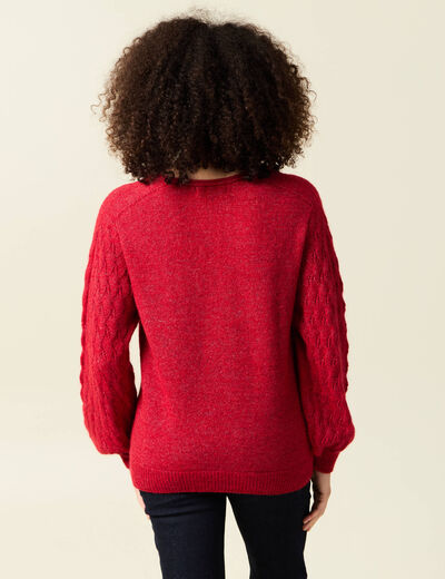 Pull ajouré col V manches longues rouge femme