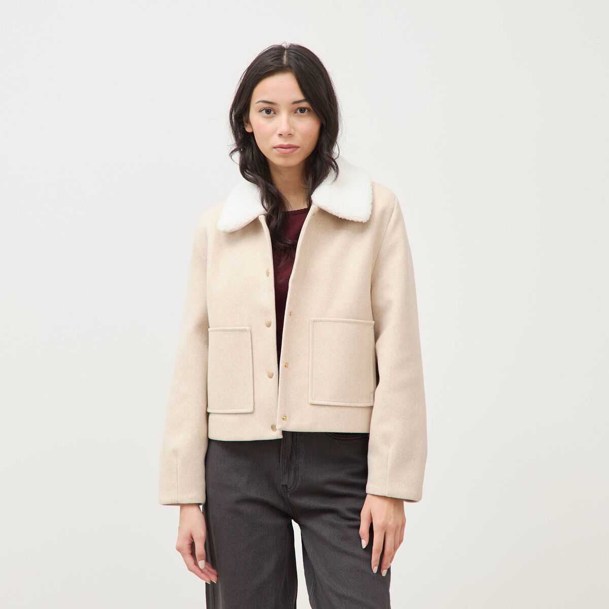 Blouson court oversize col sherpa creme femme