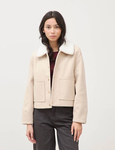 Blouson court oversize col sherpa creme femme