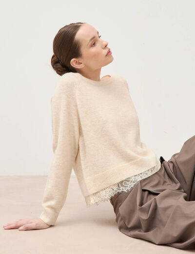 Pull manches longues col bateau ivoire femme