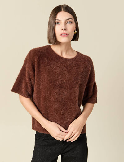Pull droit court manches coude col rond marron femme