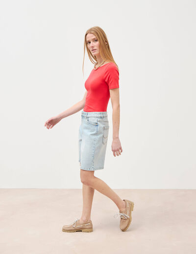 Bermuda jeans large taille haute denim snow bleach femme