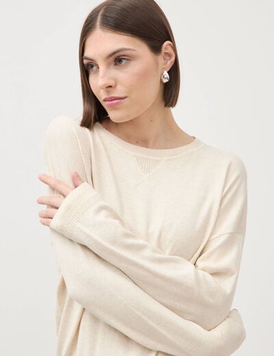 Pull oversize col rond manches longues creme femme