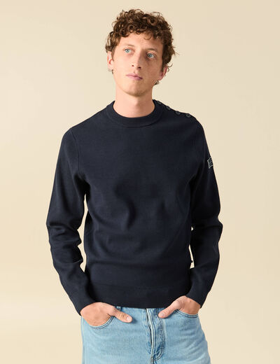 Pull fin manches longues col rond bleu marine homme
