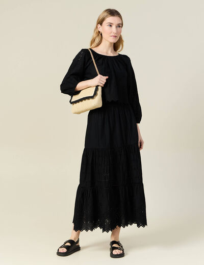Jupe longue évasée brodée noir femme