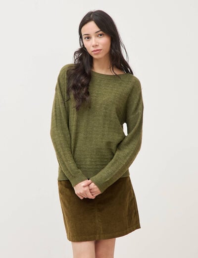 Pull manches longues col bateau vert kaki femme