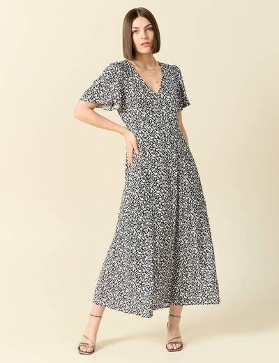 Robe longue droite col v manches courtes bleu femme