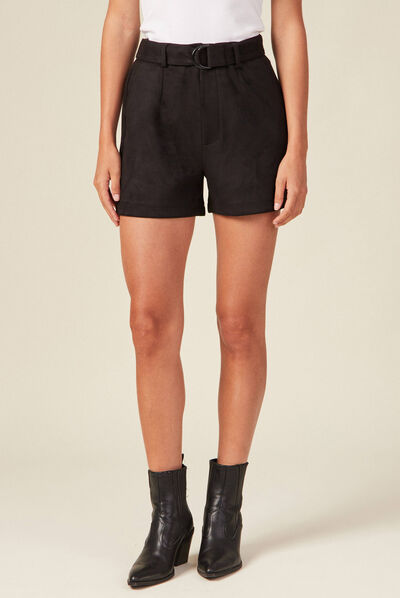 Short droit ceinturé suédine noir femme