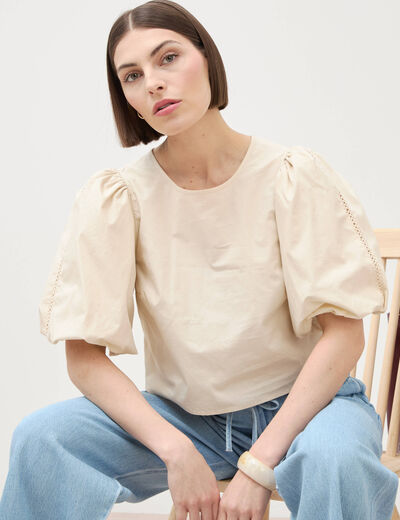 Top droit court manches bouffantes ivoire femme