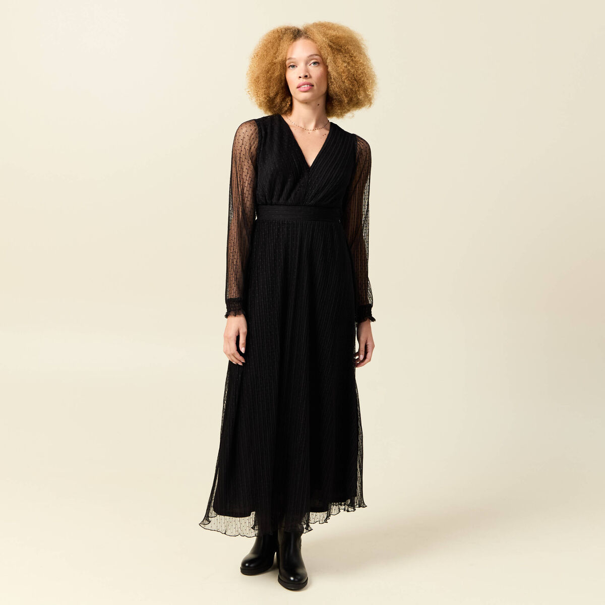 Robe manches longues en voile doubl&eacute;e noir femme