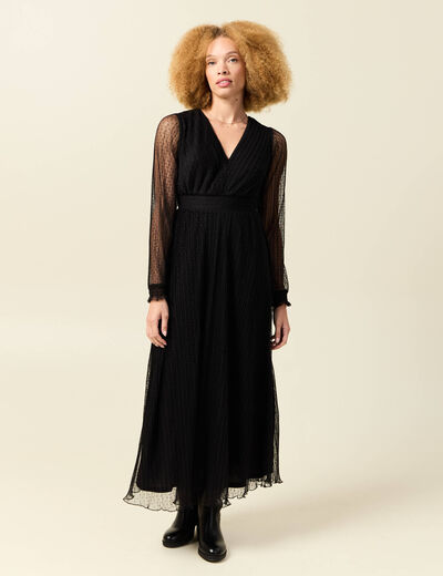 Robe manches longues en voile doubl&eacute;e noir femme