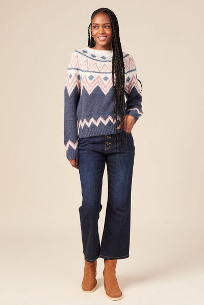 Pull manches longues col rond bleu canard femme