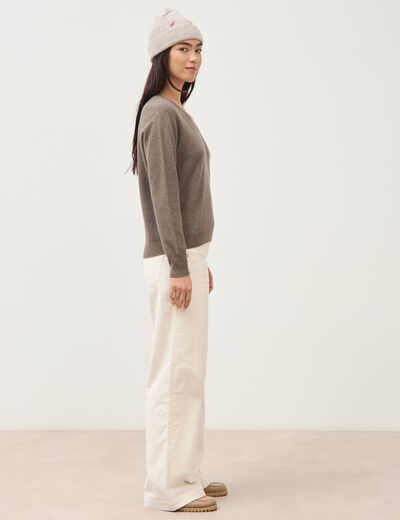 Pull droit col v manches longues taupe femme