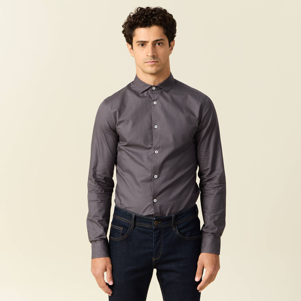 Col cintr&eacute; en coton manches longues gris fonc&eacute; homme