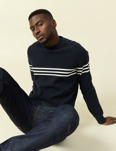 Pull fin col rond manches longues bleu marine homme