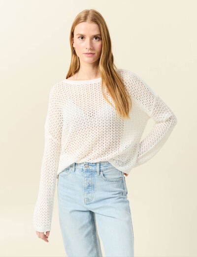 Pull manches longues ajouré ecru femme