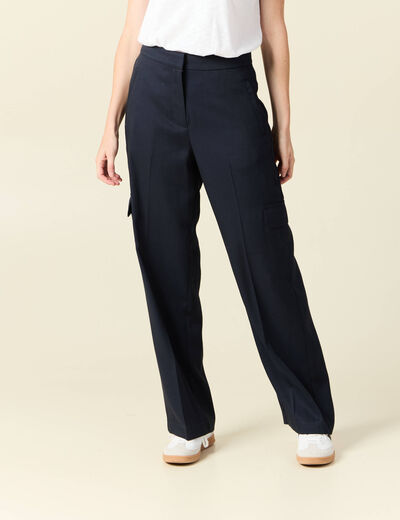 Pantalon cargo taille haute bleu marine femme
