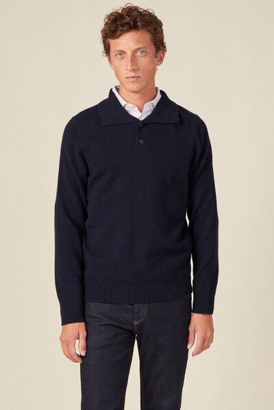 Pull manches longues col polo bleu marine homme