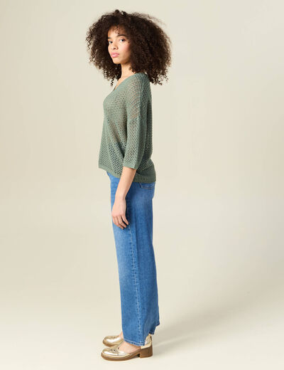 Pull col en V éco-responsable vert kaki femme