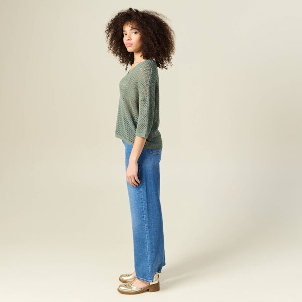 Pull col en V éco-responsable vert kaki femme