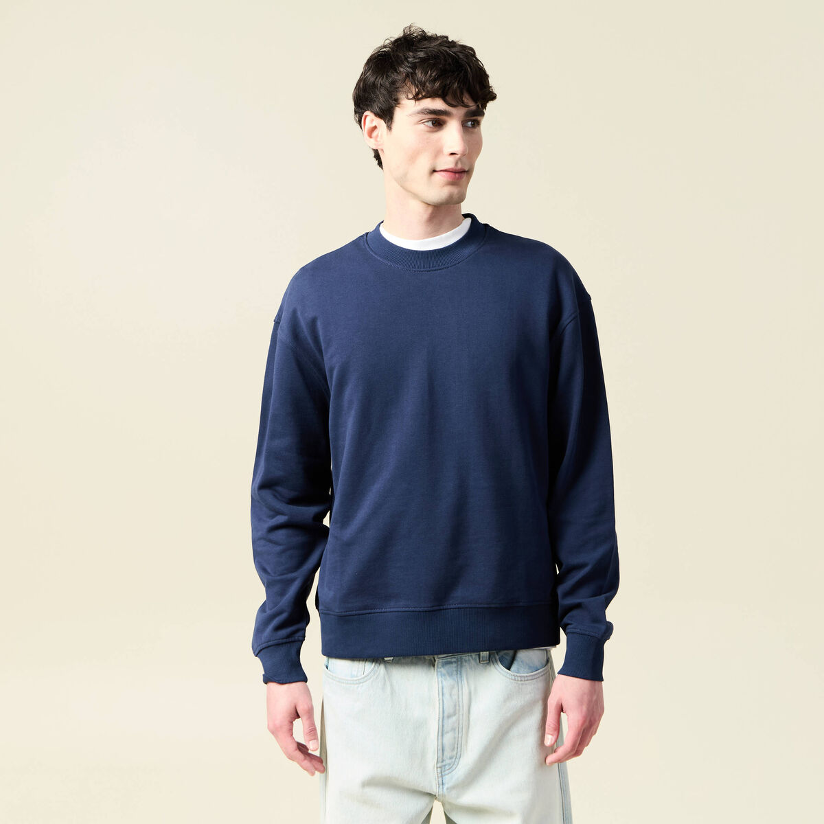 Sweat col rond manches longues en coton bleu marine homme