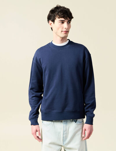 Sweat col rond manches longues en coton bleu marine homme