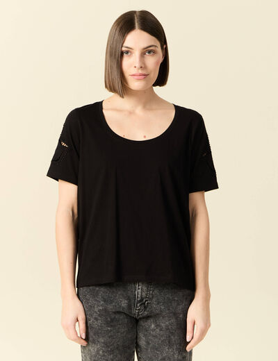 T-shirt manches courtes brodé noir femme