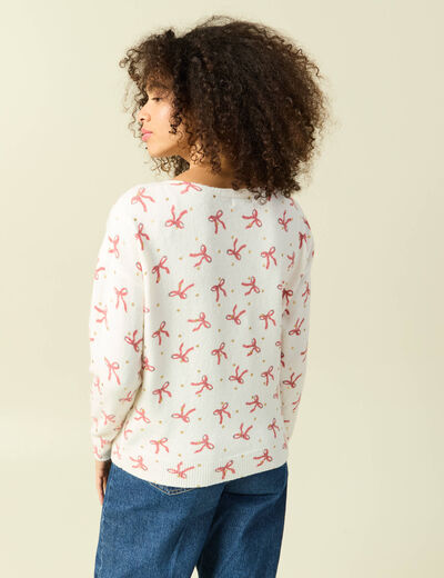 Pull de no&euml;l col bateau manches longues creme femme