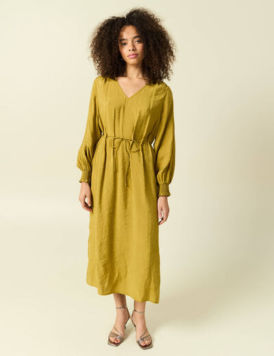 Robe longue droite col v manches longues vert olive femme