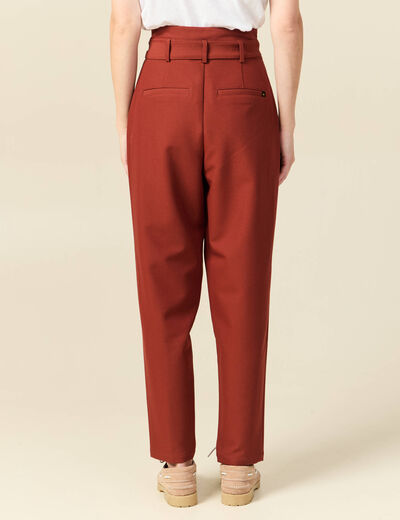 Pantalon carotte taille haute marron cognac femme