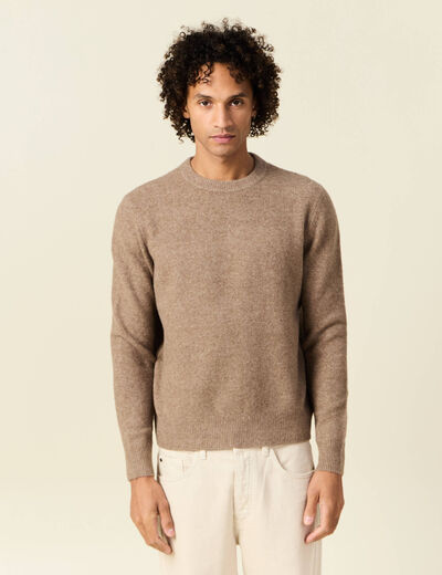 Pull manches longues col rond taupe homme