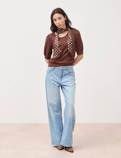 Pull ajour&eacute; droit court manches courtes marron fonc&eacute; femme