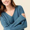 Pull manches longues col en V bleu gris femme