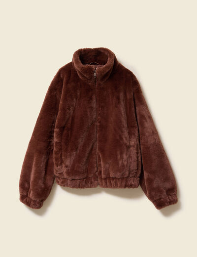 Veste droite courte col montant marron femme