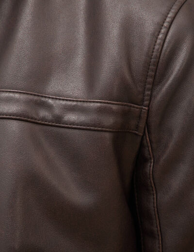 Blouson cintr&eacute; similicuir col montant marron fonc&eacute; homme