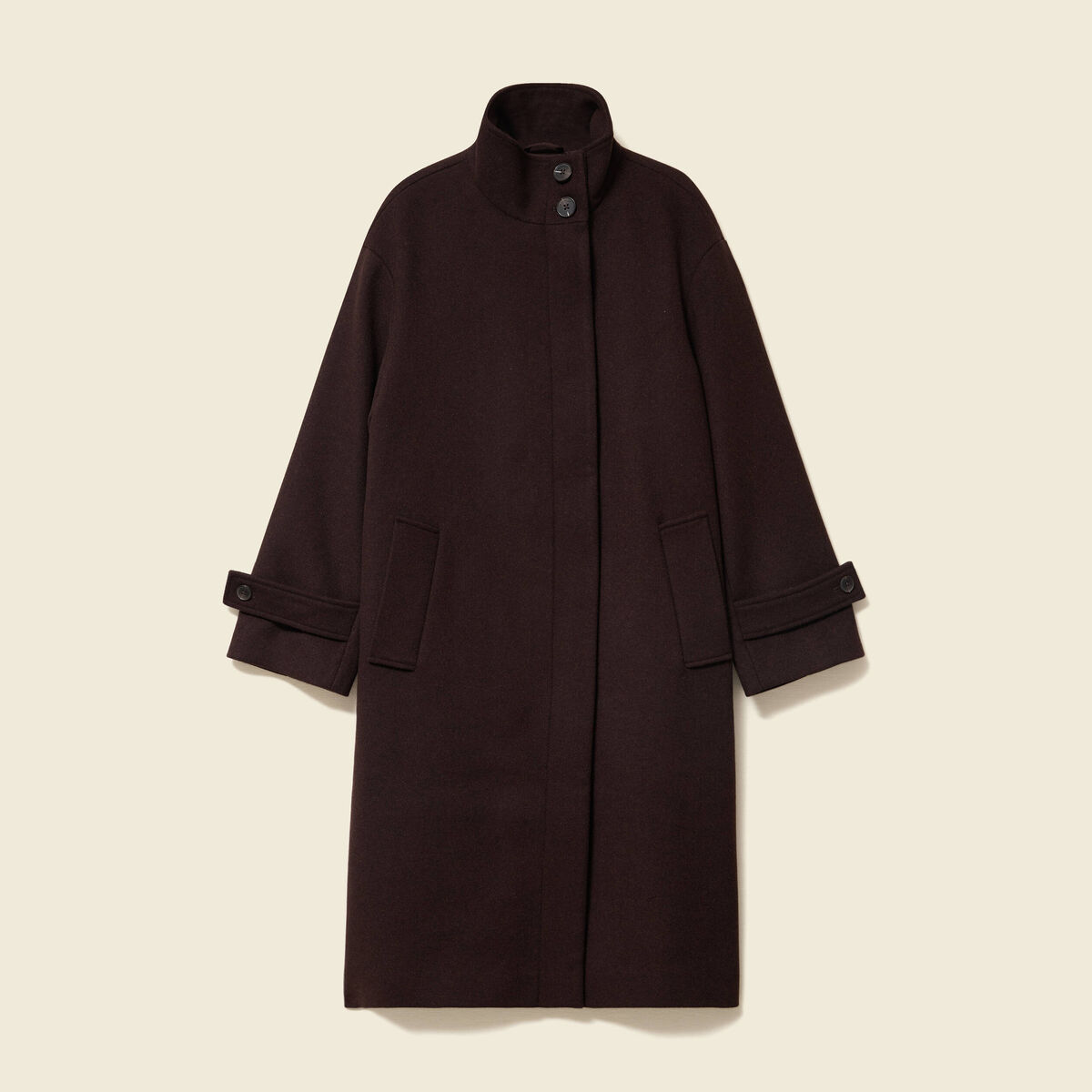 Manteau droit long col montant marron fonc&eacute; femme