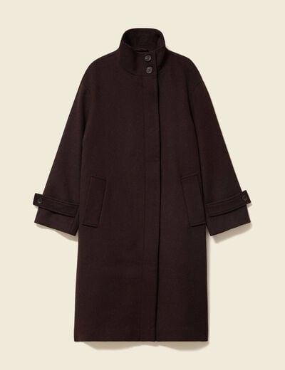 Manteau droit long col montant marron fonc&eacute; femme
