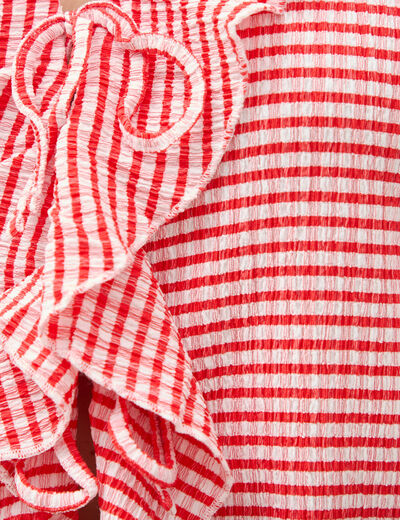 T-shirt col V &agrave; volants manches courtes rouge fonc&eacute; femme