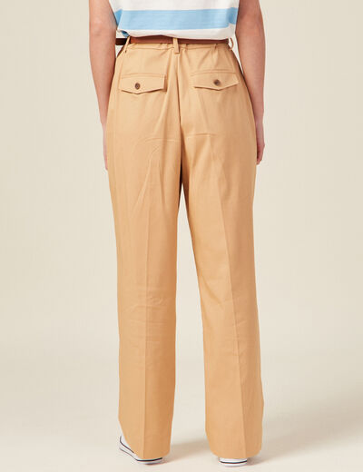 Pantalon large ceinture pinces marron clair femme
